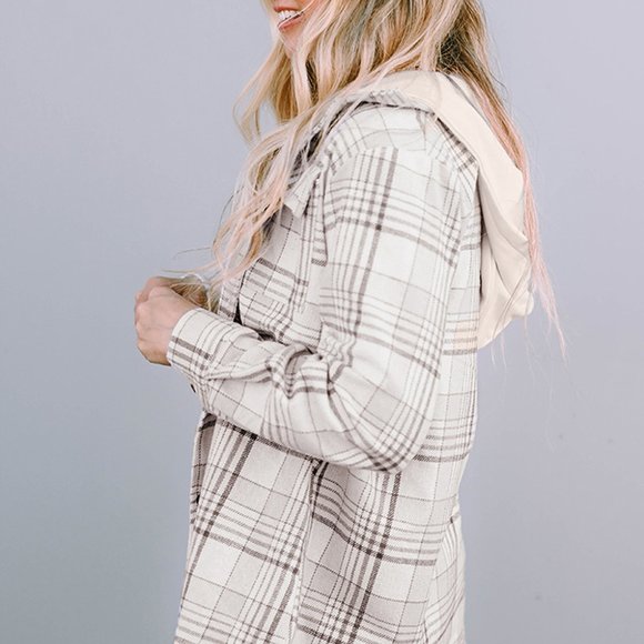 Khaki Plaid Removable Hood Buttoned Shacket/Hooded Top NWOT - Picture 6 of 15